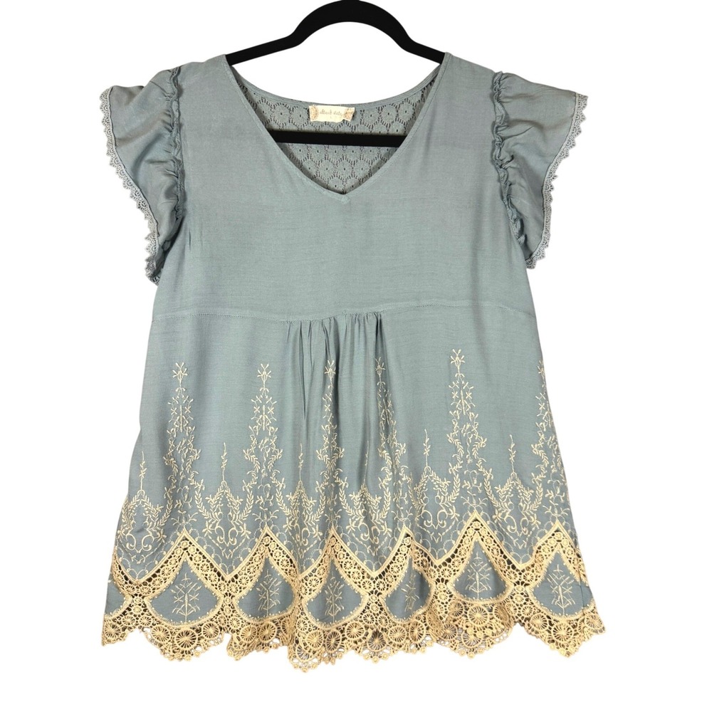 Altar'd State Top Women L Green Embroidered Lace Trim Boho Peplum